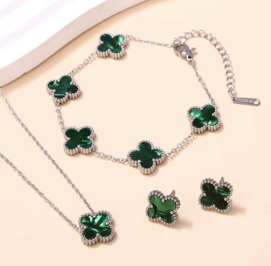 Clover 18k gold plated luxury necklace, bracelet and earrings set
