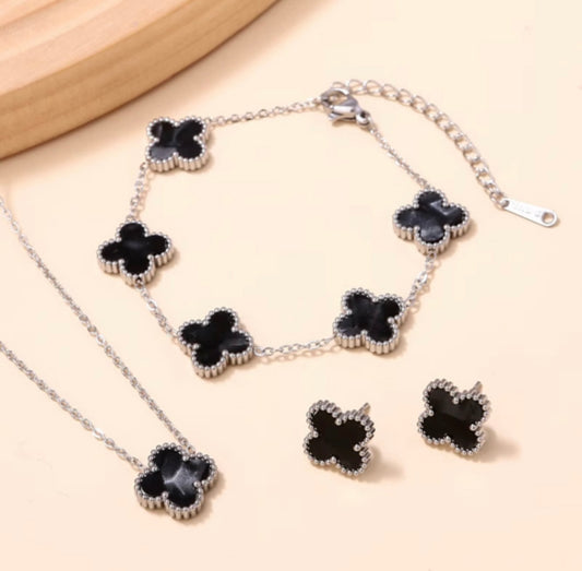 Clover 18k gold plated luxury necklace, bracelet and earrings set