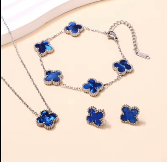 Clover 18k gold plated luxury necklace, bracelet and earrings set