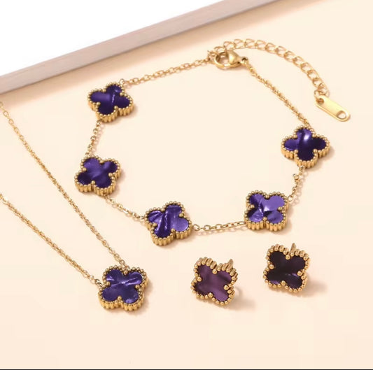 Clover 18k gold plated luxury necklace, bracelet and earrings set