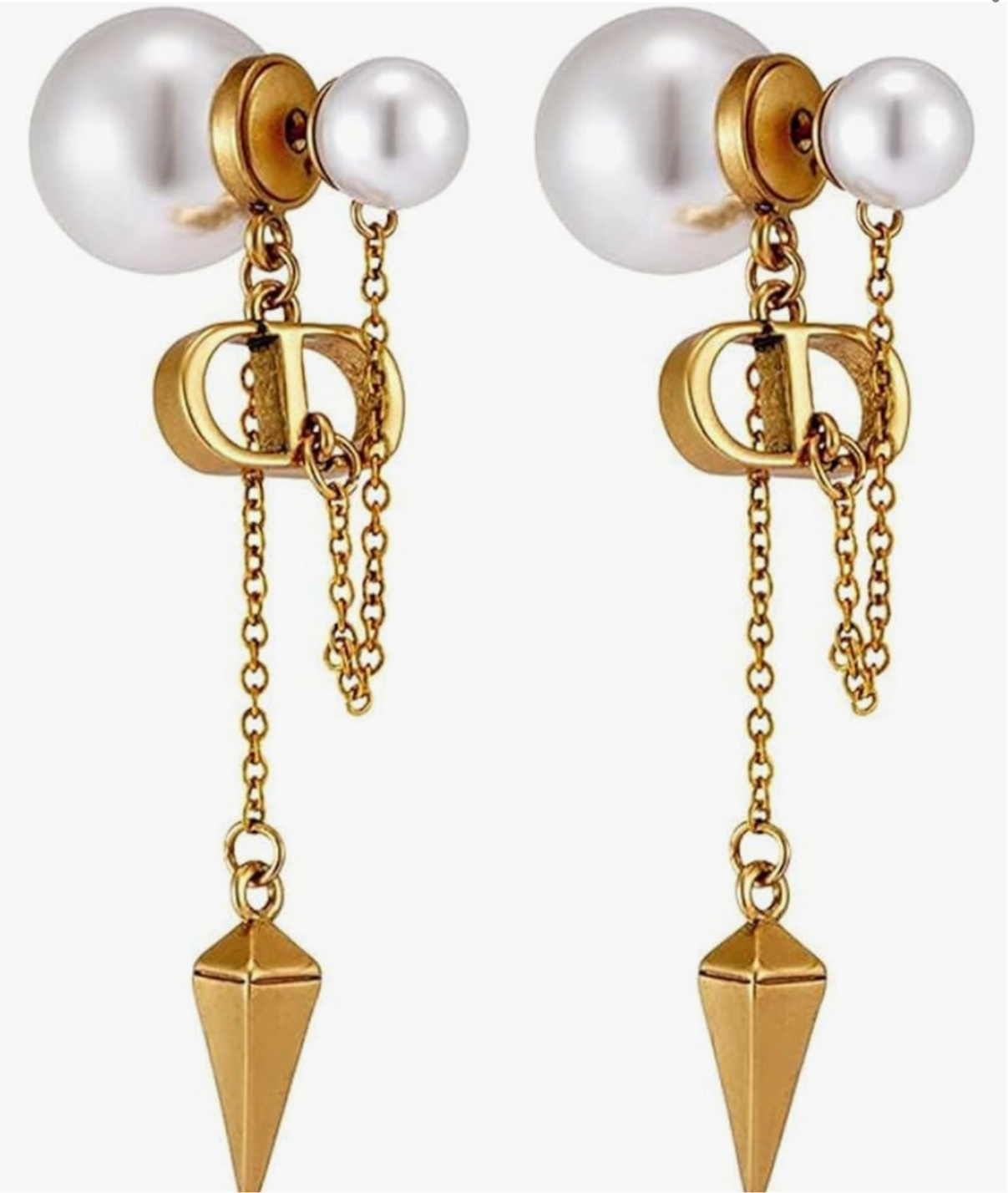 CD logo earrings with chain connect to pearl