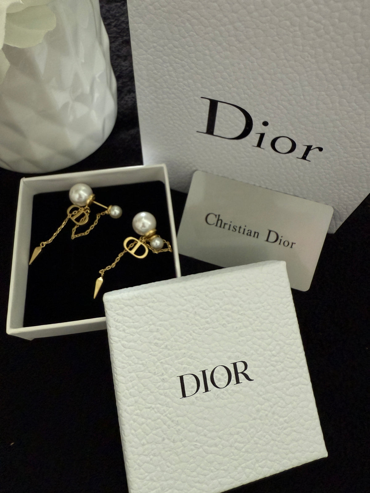 C D hanging pearl earrings