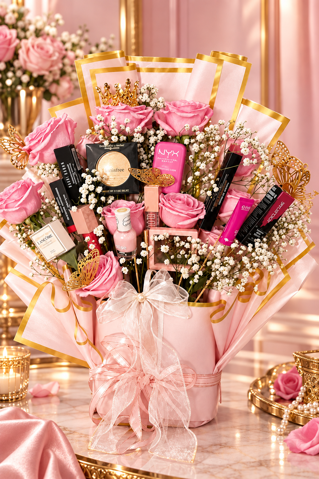 Soft pink theme Customized make up bouquet with 12 products