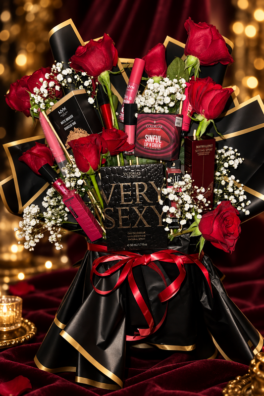 Black & red theme Customized make up bouquet with 11 products