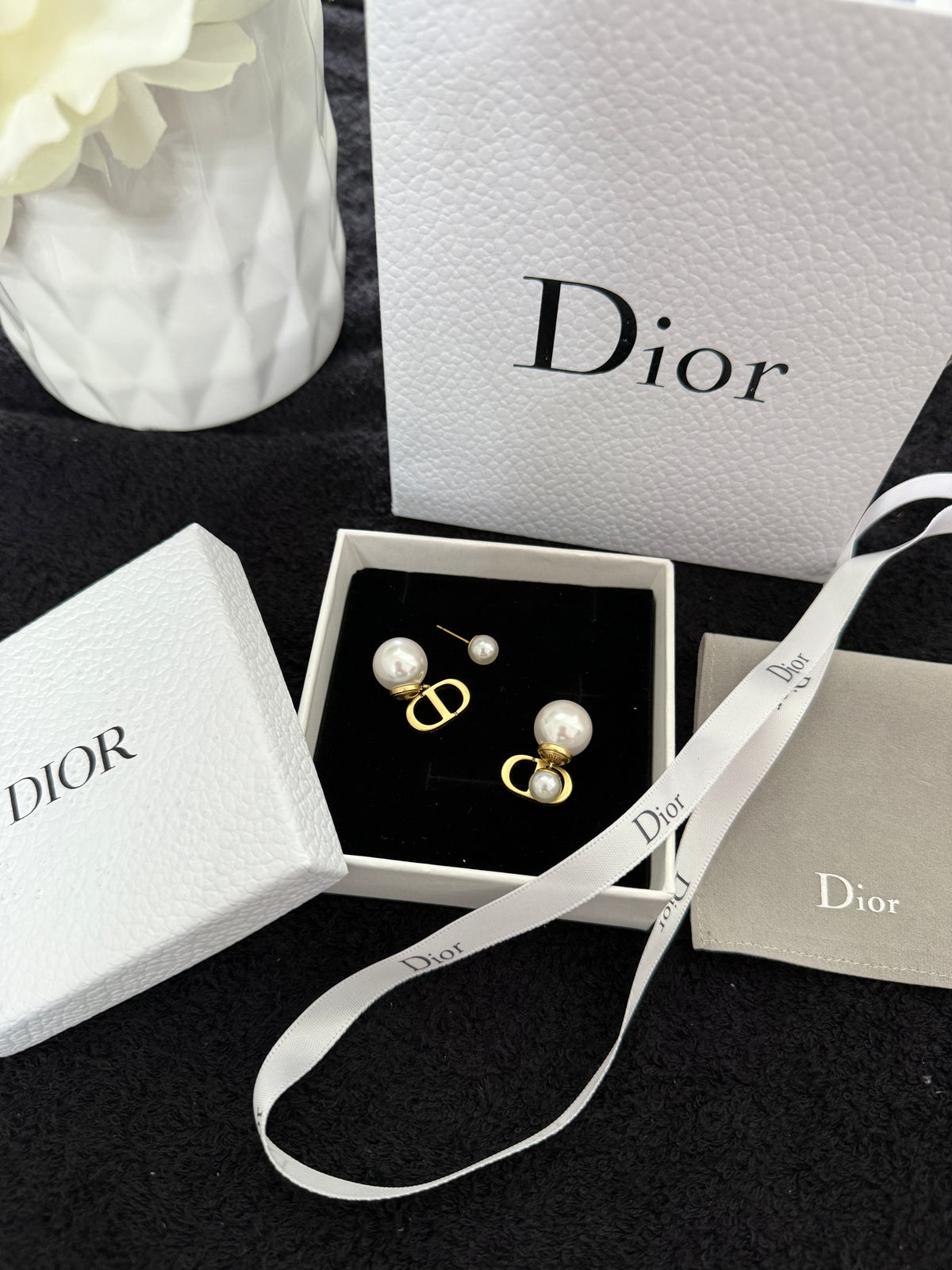 C D pearl earrings with premium packaging