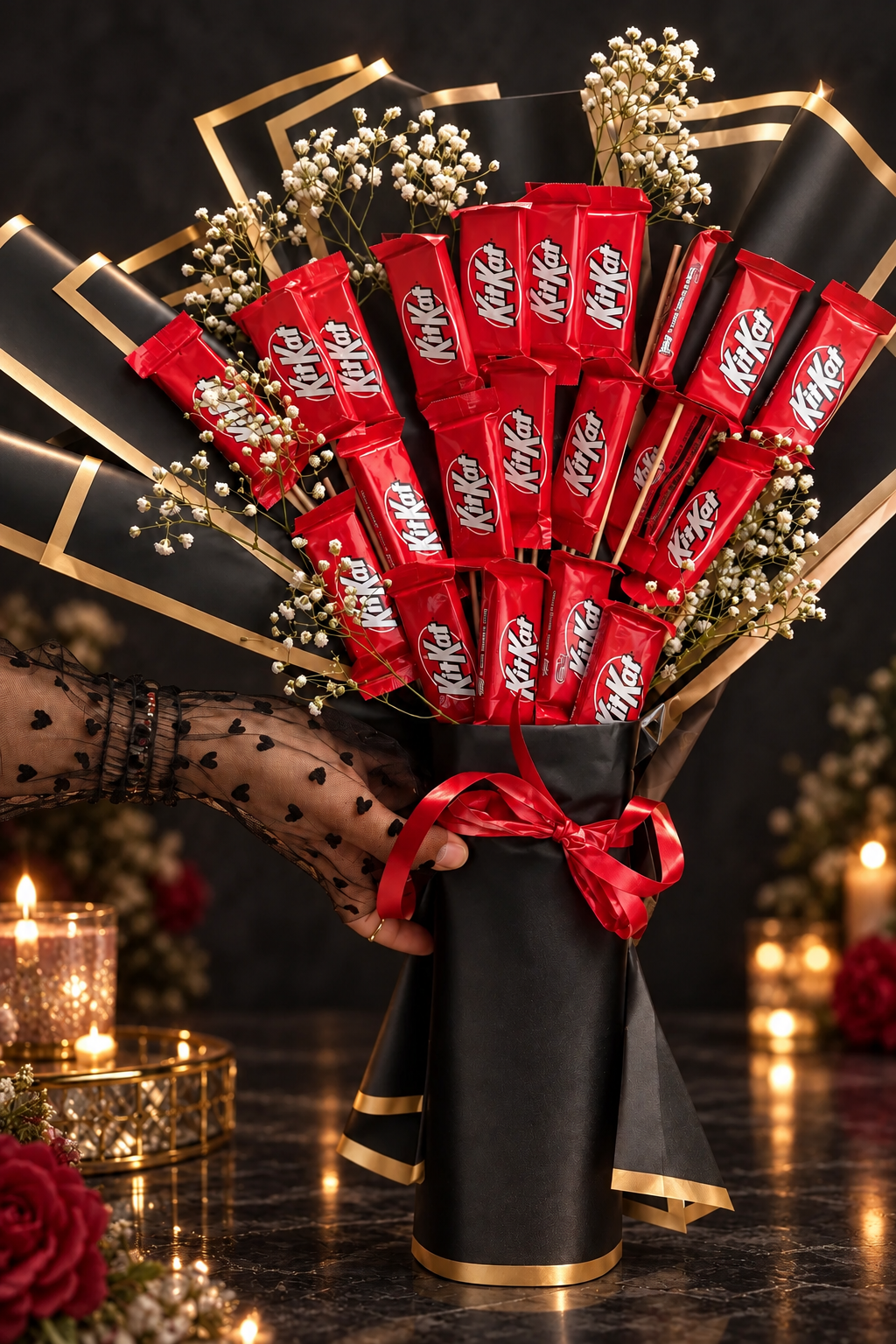 Black & red theme Customized KIT KAT chocolate bouquet
