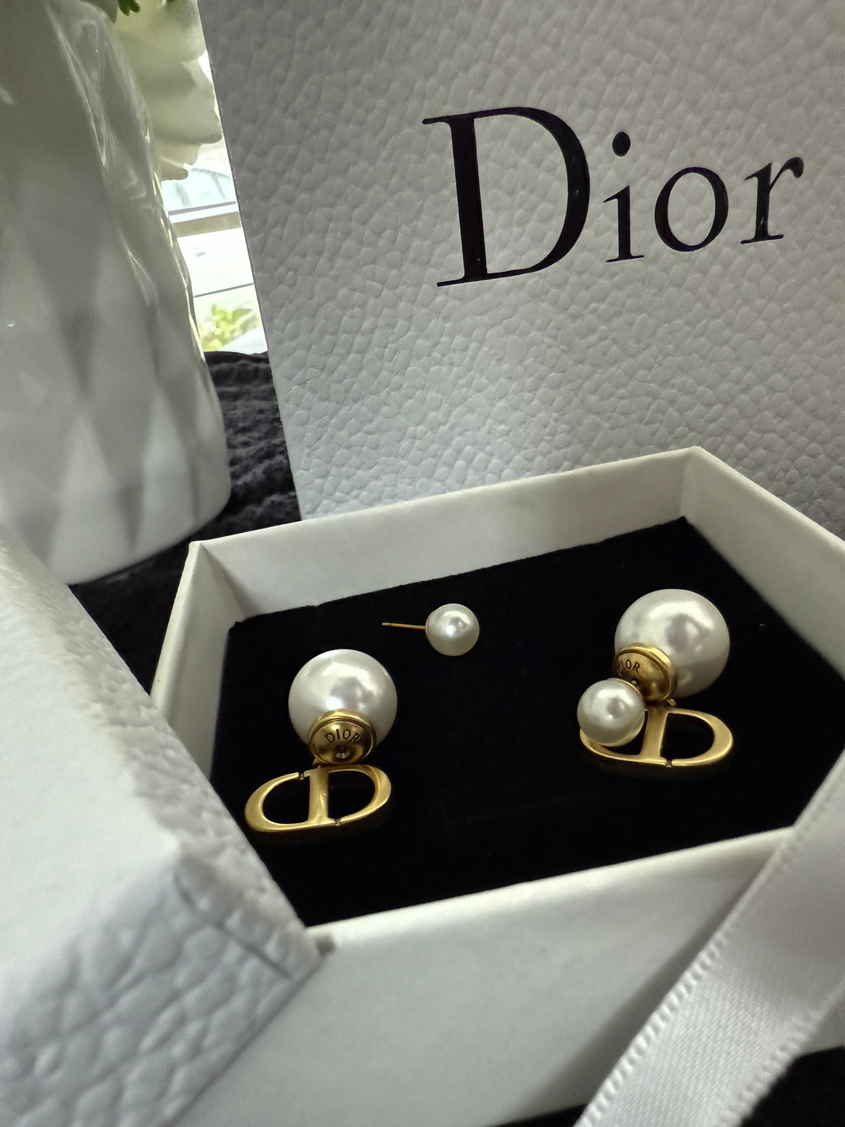 C D pearl earrings with premium packaging