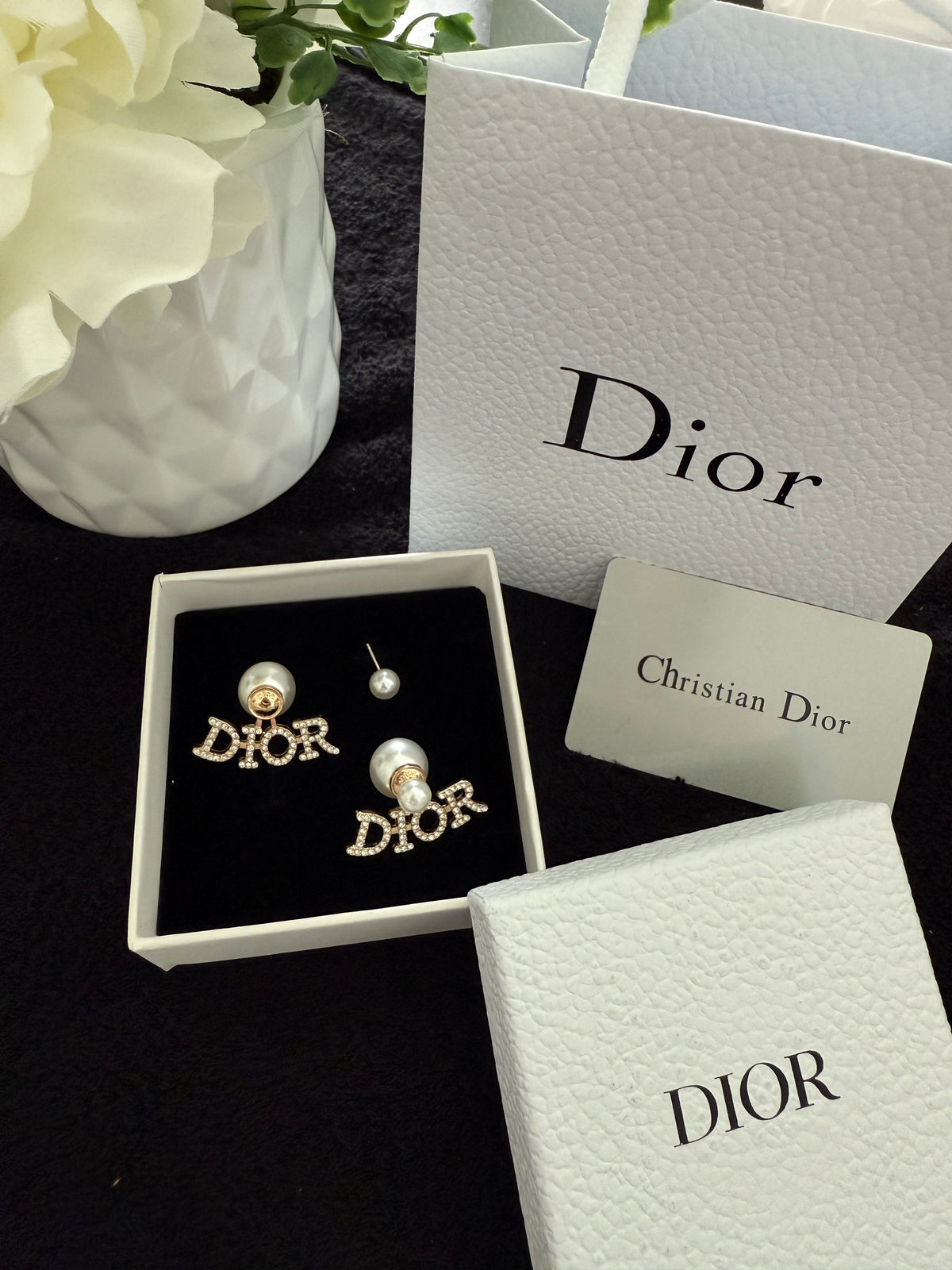 CD pearl logo earrings with premium packaging