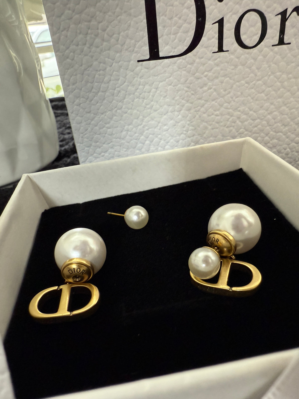 C D pearl earrings with premium packaging