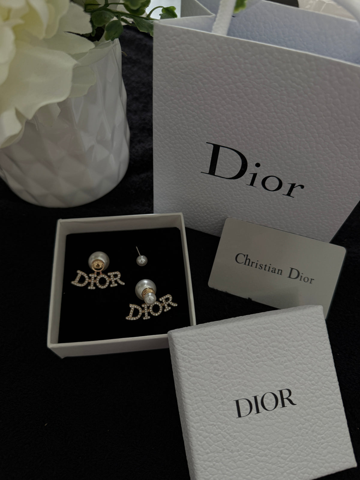 CD pearl logo earrings with premium packaging