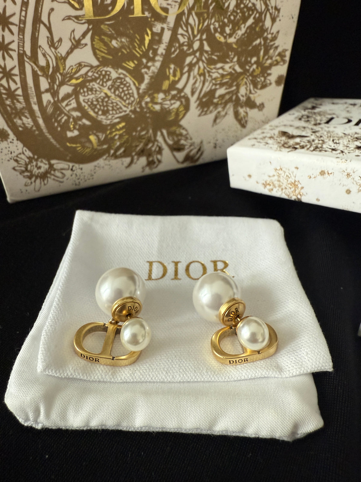C D pearl earrings with premium packaging