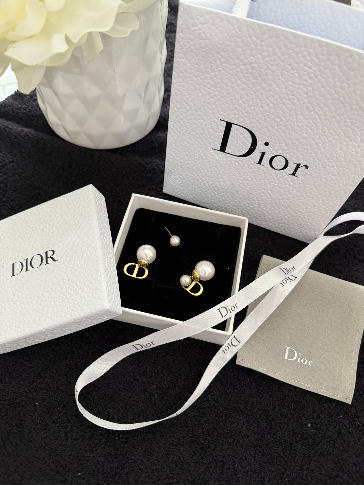 C D pearl earrings with premium packaging
